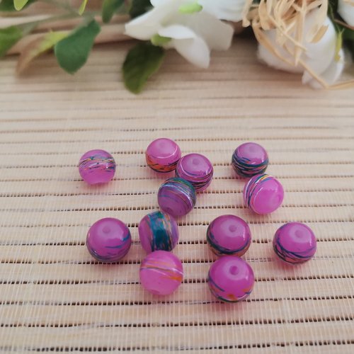 20 perles en verre 8 mm mauve trait multicolore