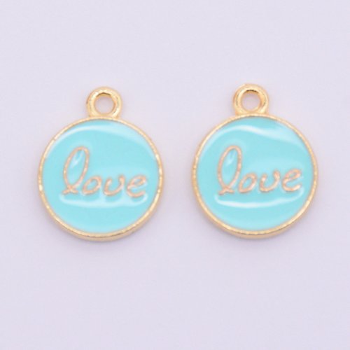 2 pendentifs/breloques métal et émail12 mm rond bleu ciel