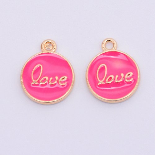 2 pendentifs/breloques métal et émail12 mm rond rose fuchsia