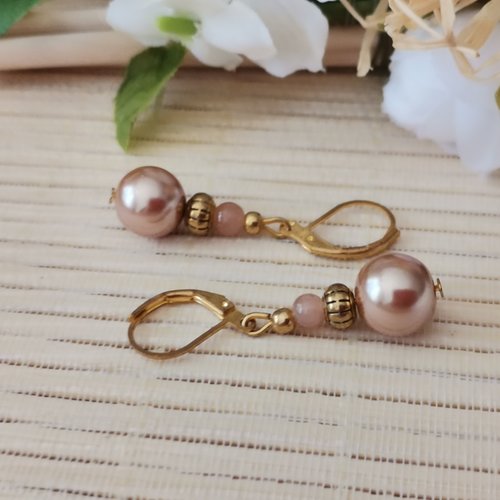 Kit boucles d'oreilles apprêts dorés et perles en verre nacré marron clair