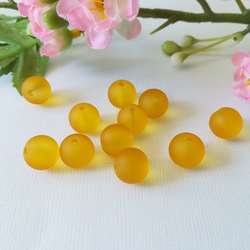 10 perles en verre givré 10 mm jaune moutarde