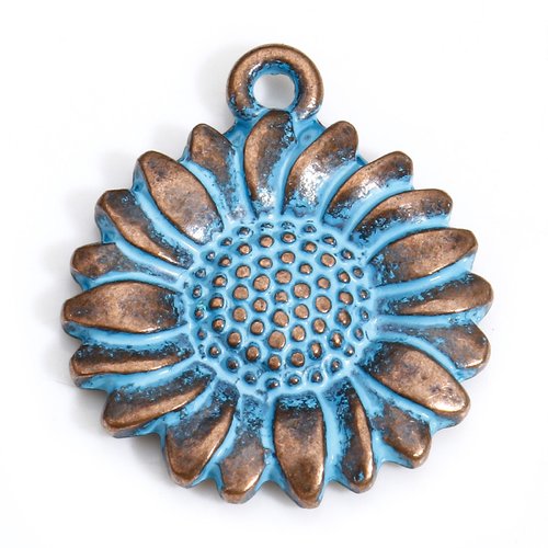 10 pendentifs fleur 14 mm bleu et cuivre rouge