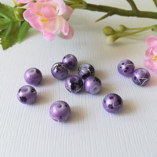 20 perles en verre nacré 8 mm mauve taches noires