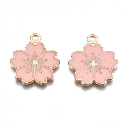 2 breloques métal et émail fleur rose