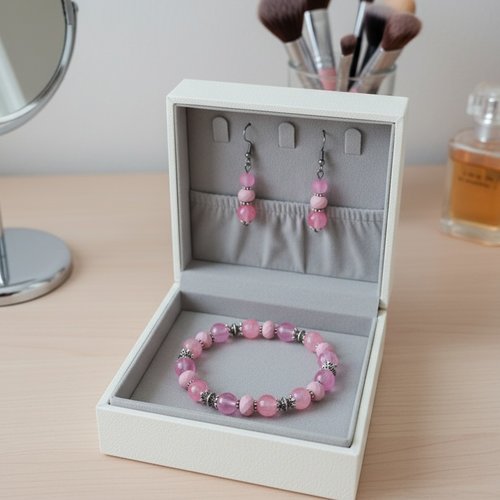 Kit parure bracelet et boucles d'oreilles rose