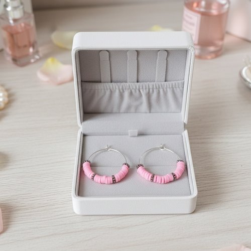 Kit de boucles d'oreilles créoles argentées et perles heishi