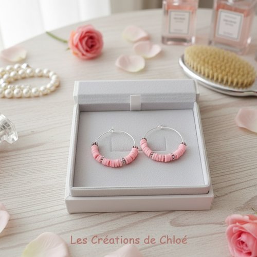 Kit de boucles d'oreilles créoles argentées et perles heishi