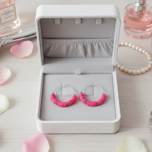 Kit de boucles d'oreilles créoles argentées et perles heishi