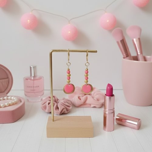 Kit boucles d'oreilles acier inoxydable doré et sequin rose