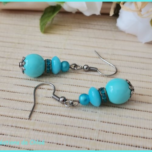 Kit boucles d'oreilles perles et rondelle strass bleu ciel