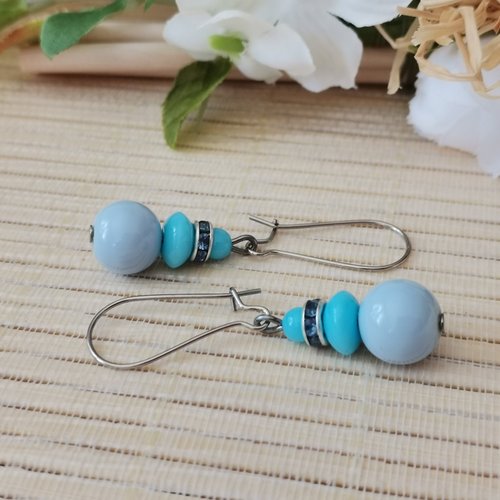 Kit boucles d'oreilles perles bleues et rondelle strass