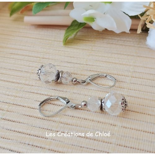 Kit boucles perles en verre cristal à facette et apprêts argent mat