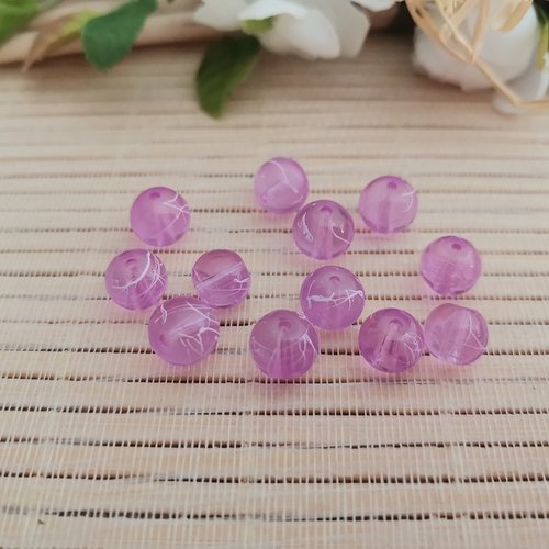 20 perles en verre 8 mm lilas tréfilé blanc
