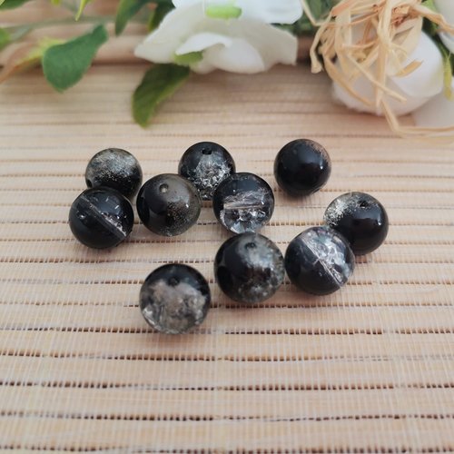 30 perles en verre craquelé 10 mm noire et cristal