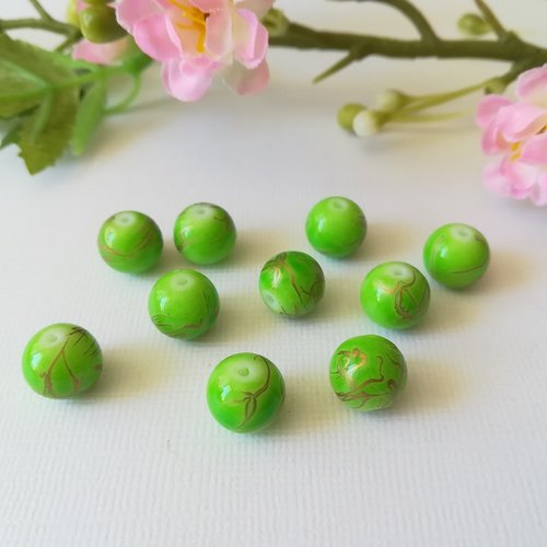 10 perles en verre 10 mm verte tréfilé doré