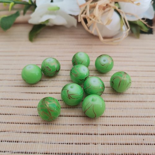 10 perles en verre 10 mm verte tréfilé doré