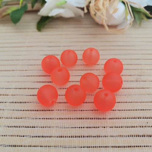 10 perles en verre givré 10 mm orange fluo