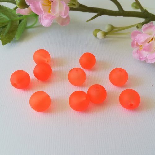 10 perles en verre givré 10 mm orange fluo
