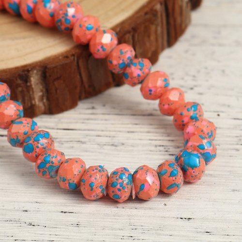 20 perles en verre à facette 8 x 6 mm saumon taches bleues