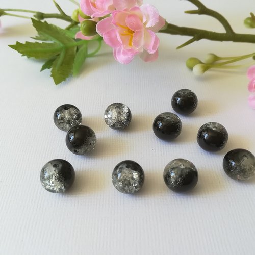 10 perles en verre craquelé 10 mm noire et cristal