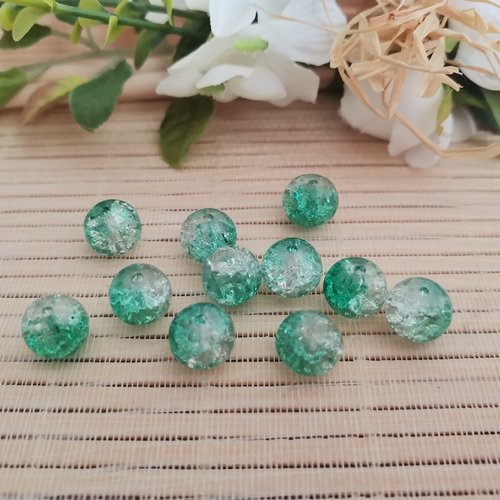 11 perles en verre craquelé 10 mm vert