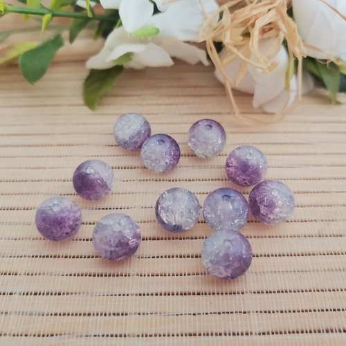 10 perles en verre craquelé 10 mm mauve