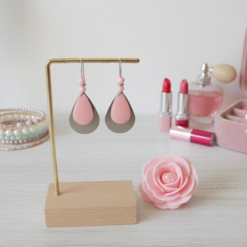 Kit boucles d'oreilles acier inoxydable gouttes métal et émail rose