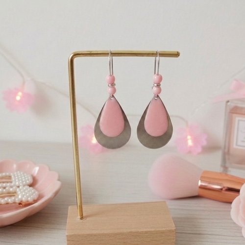 Kit boucles d'oreilles acier inoxydable gouttes métal et émail rose