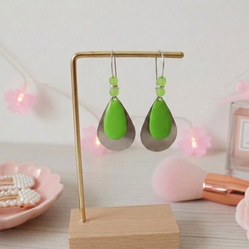 Kit boucles d'oreilles acier inoxydable gouttes métal et émail vert