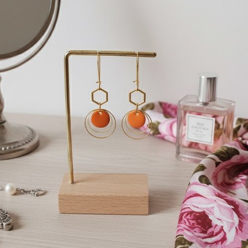 Kit boucles d'oreilles anneaux doré et sequin émail orange