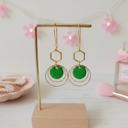 Kit boucles d'oreilles anneaux doré et sequin émail vert