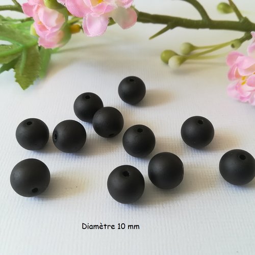 10 perles en verre givré 10 mm noire