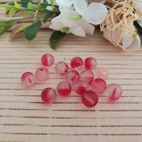 16 perles en verre dépoli feuille d'or 8 mm rouge