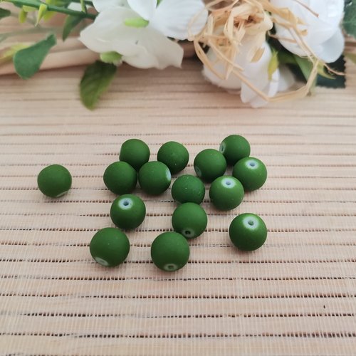 19 perles en verre aspect caoutchouc  8 mm vert olive