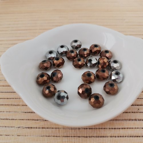 23 perles en verre à facette 8 x 6 mm argent et cuivre