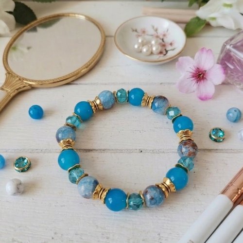 Kit bracelet fil élastique perles en verre imitation jade bleu