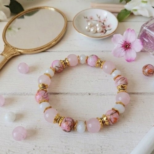 Kit bracelet fil élastique perles en verre imitation jade rose