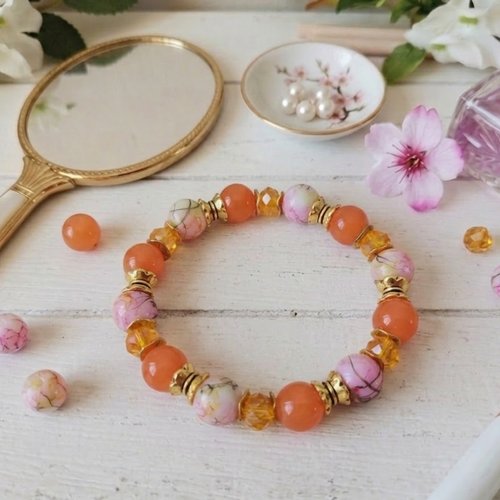 Kit bracelet fil élastique perles en verre imitation jade orange