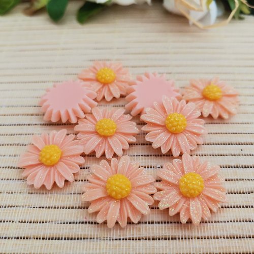 5 cabochons résine fleur paillette orange