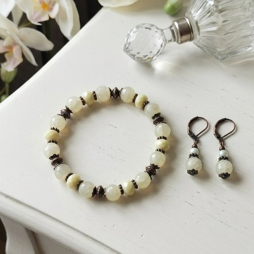 Kit parure bracelet et boucles d'oreilles jaune pale