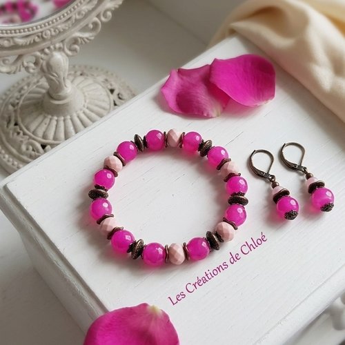 Kit parure bracelet et boucles d'oreilles fuchsia