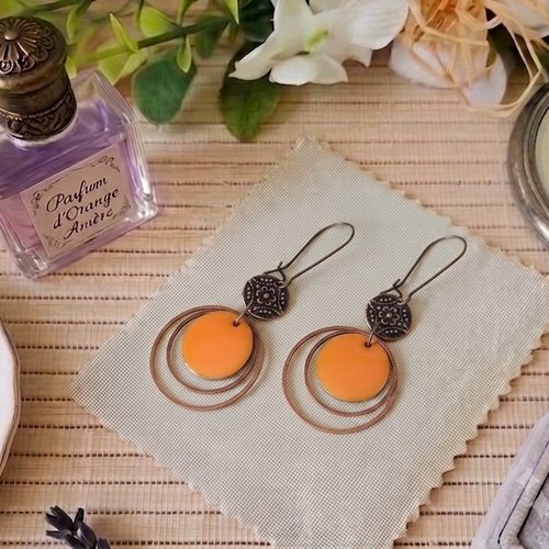 Kit boucles d'oreilles anneaux cuivre rouge et sequin émail orange