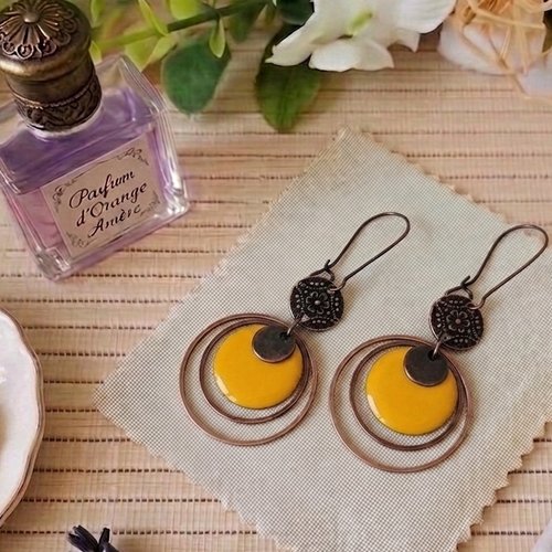 Kit boucles d'oreilles anneaux cuivre rouge et sequin émail orange