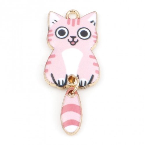 Breloque métal et émail chat rose x 1