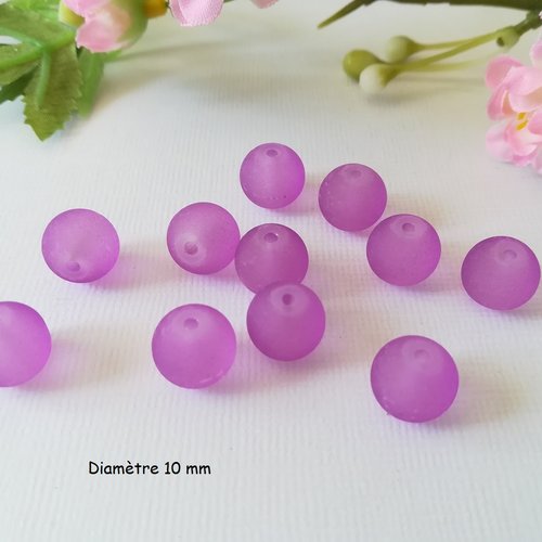 10 perles en verre givré 10 mm violet