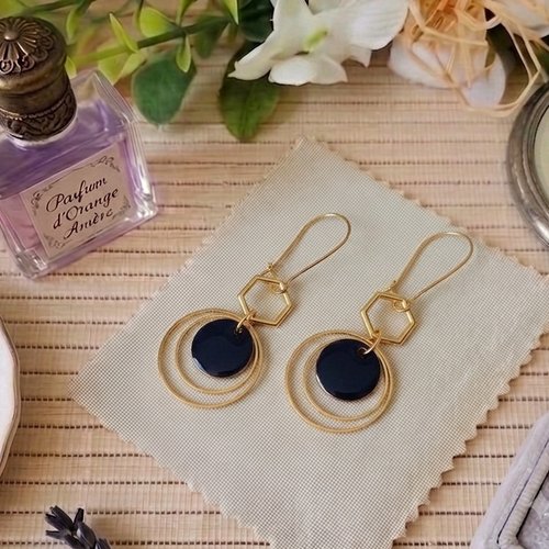 Kit boucles d'oreilles anneaux doré et sequin émail violet foncé