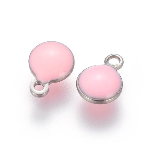 4 pendentifs/breloques acier inoxydable et émail rond rose