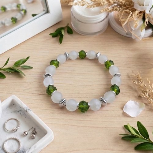 Kit bracelet fil élastique perles en verre blanches et vertes