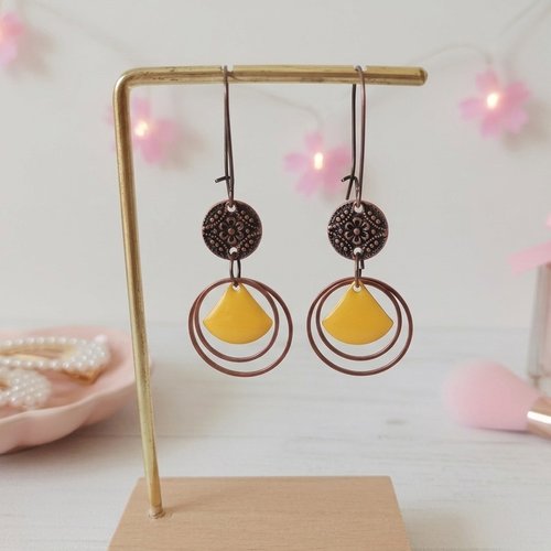 Kit boucles d'oreilles anneaux cuivre rouge et sequin émail triangle