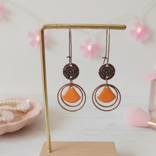 Kit boucles d'oreilles anneaux cuivre rouge et sequin émail triangle